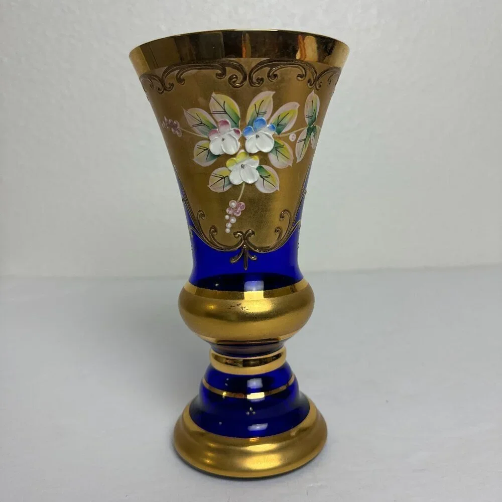 Vintage MCM Enamel Cobalt Blue Luxury Bohemian Czech Crystal Vase 24K Gold